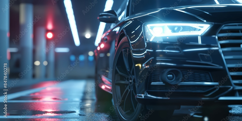 Black luxury car in urban night setting Black luxury car in urban night setting