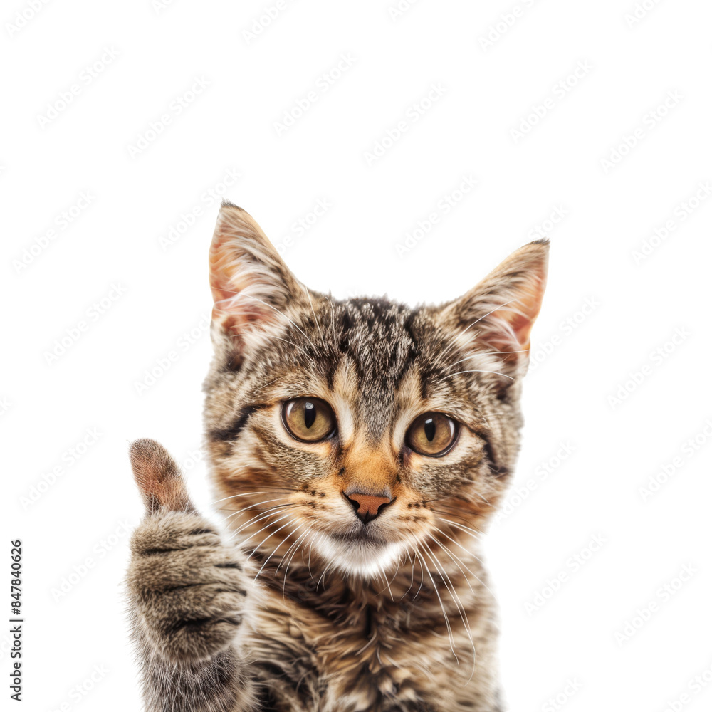 Tabby Kitten Giving Thumbs Up In Front Of White Background Tabby Kitten Giving Thumbs Up In Front Of White Background