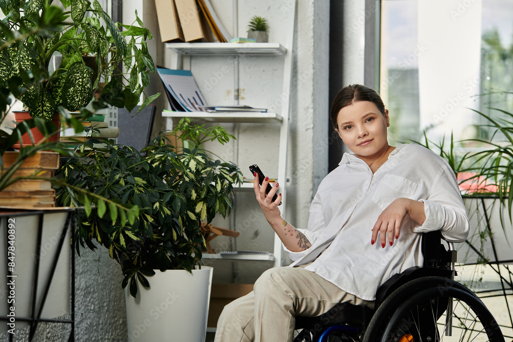 A young businesswoman in a wheelchair works on her phone in a modern office. A young businesswoman in a wheelchair works on her phone in a modern office.