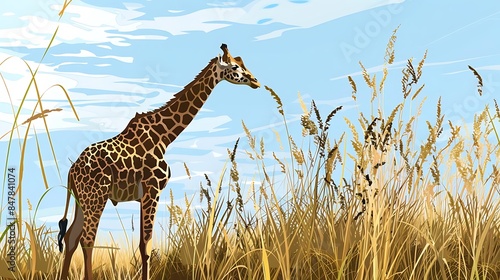 a brown giraffe with a long neck and legs stands in a field of tall grass under a blue sky