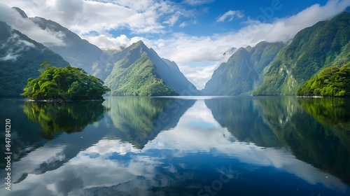 The enchanting beauty of the Fiordland's Doubtful Sound with its lush rainforest and mirror-like waters, New Zealand, 8k