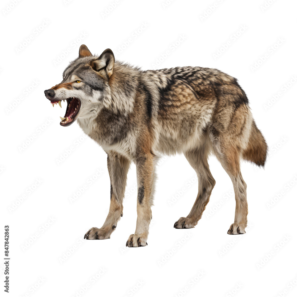 Fototapeta premium Grey Wolf Howling With Mouth Open Isolated On White Background