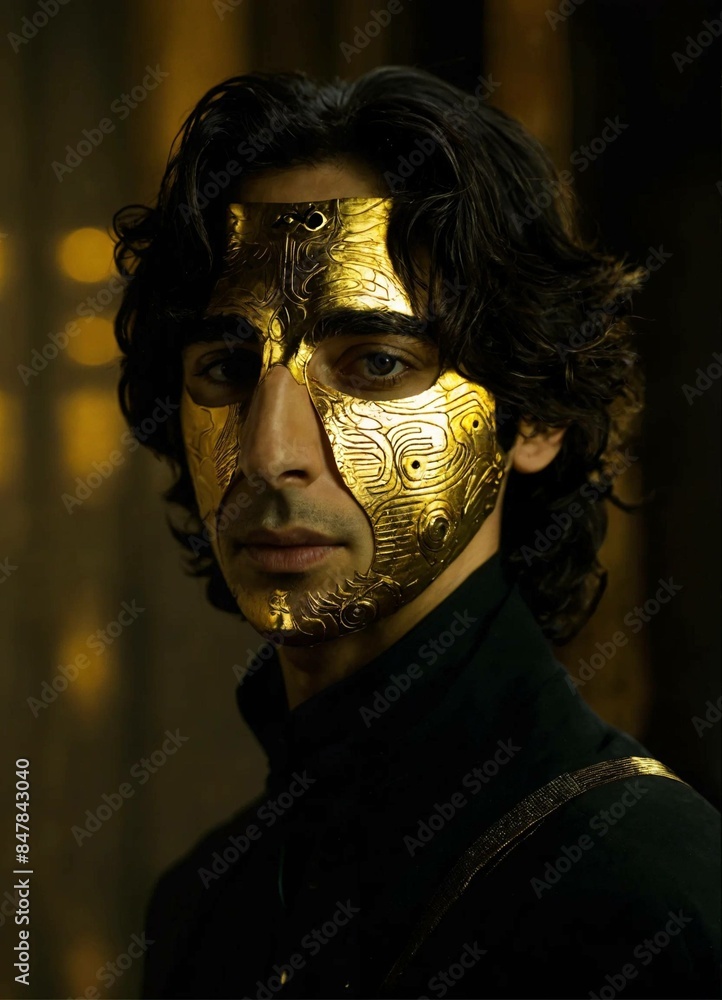 A young, slender Persian man with nice hair like Adrian Brody is wearing a futuristic golden mask with ancient vibes. He is inside a darkly-lit void, and we can't make out his facial features. A young, slender Persian man with nice hair like Adrian Brody is wearing a futuristic golden mask with ancient vibes. He is inside a darkly-lit void, and we can't make out his facial features.