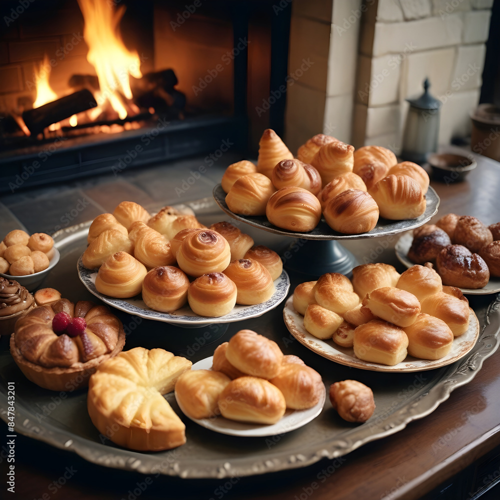Assortment of fresh baked pastry on the table on plate in a bakery Assortment of fresh baked pastry on the table on plate in a bakery