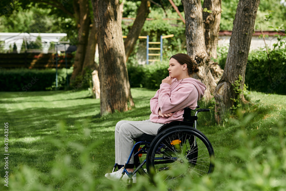 A young woman sits in a wheelchair, thoughtfully gazing at a lush green park. A young woman sits in a wheelchair, thoughtfully gazing at a lush green park.