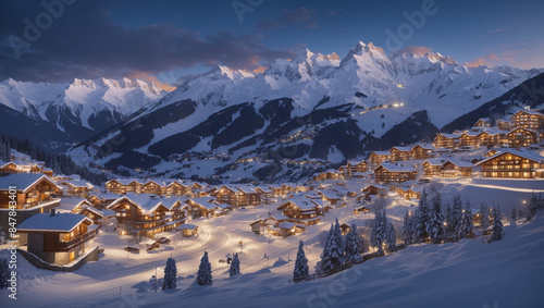 A snowy mountain village at dusk. There are many chalets and skiers on the slopes.


