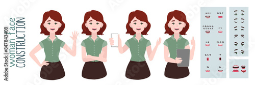 Business office woman constructor suitable for animation. Generator of diverse eyes, lips, emotion expressions mouth animation and lip sync. Young woman character face and upper body construction.