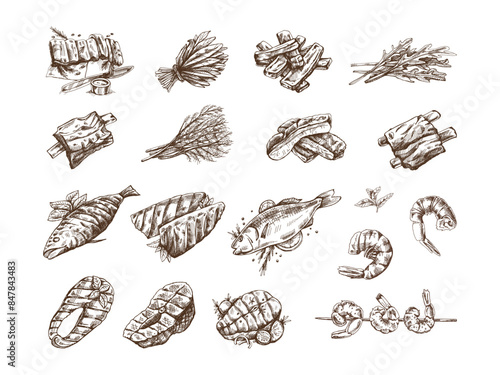 Hand-drawn monochrome vector sketch of barbecue fish and pieces of barbecue salmon steaks, prawns, shrimps, ribs greens. Doodle vintage illustration. Decorations for the menu photo