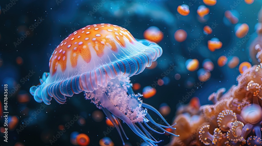 Naklejka premium A jellyfish is floating in the ocean with a blue and orange body
