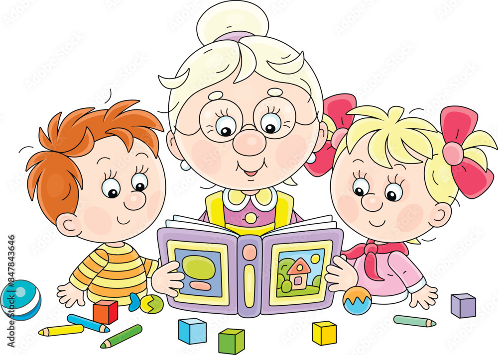 Funny grandma reading aloud an interesting fairy tale book to her happy ...