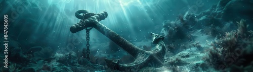 A submerged anchor rests on the ocean floor, illuminated by beams of sunlight piercing through the clear blue water. photo