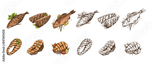 Hand-drawn colored and monochrome vector sketch of barbecue fish and pieces of barbecue salmon steaks. Doodle vintage illustration. Decorations for the menu. Engraved image.