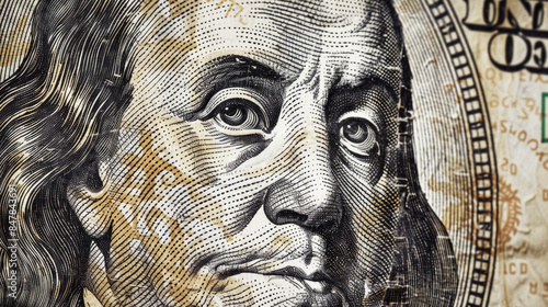 Close-up portrait of Benjamin Franklin on the $100 bill. photo