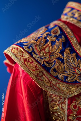 Close-up of a vibrant traditional embroidered garment with intricate gold designs against a blue background.