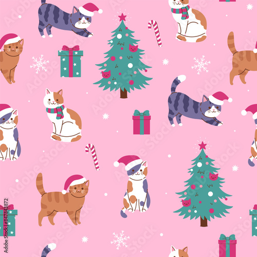 Seamless pattern with Christmas cats, trees and gifts. Vector graphics