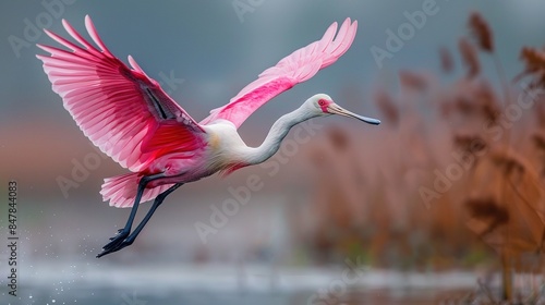 A roseate spoonbill in mid-flight over a wetland habitat
