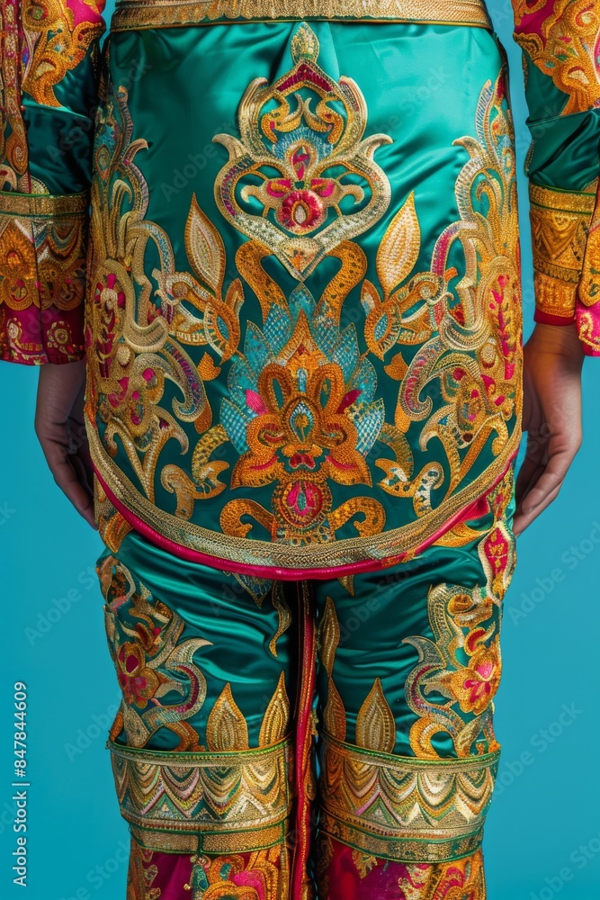 Close-up of colorful traditional garment with intricate embroidery patterns, showcasing vibrant cultural attire against a blue background. Close-up of colorful traditional garment with intricate embroidery patterns, showcasing vibrant cultural attire against a blue background.