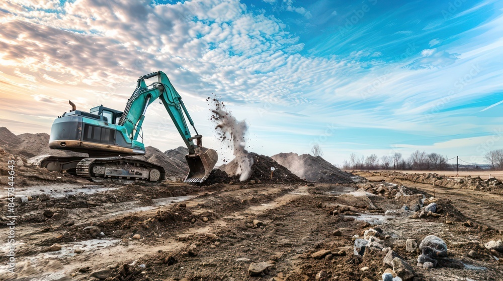 excavator breaking ground on a new construction site, surrounded by piles of dirt excavator breaking ground on a new construction site, surrounded by piles of dirt