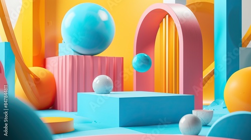 Abstract geometric shapes in vibrant colors, including spheres, arches, and blocks, creating a playful and modern composition.
