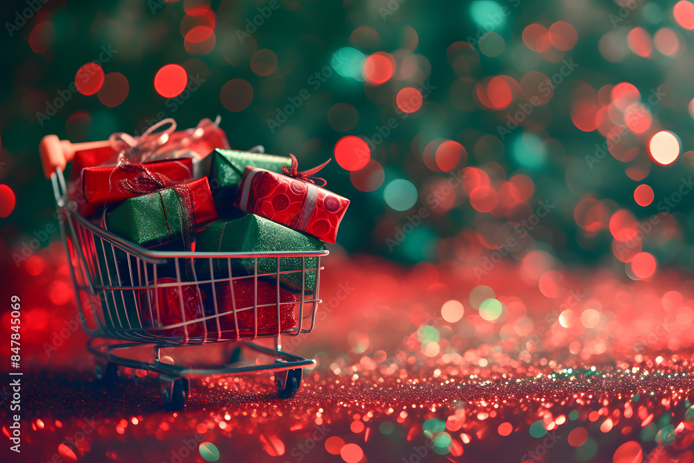 Shopping cart with many gift boxes on red and green backgrounds with glittered bokeh, Christmas concept, discount, and sale design