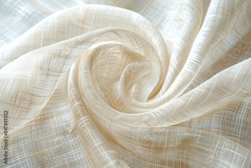 Close-up of light beige fabric with a delicate plaid pattern, twisted into a swirl shape, displaying texture and fine details. Created with Generative AI.