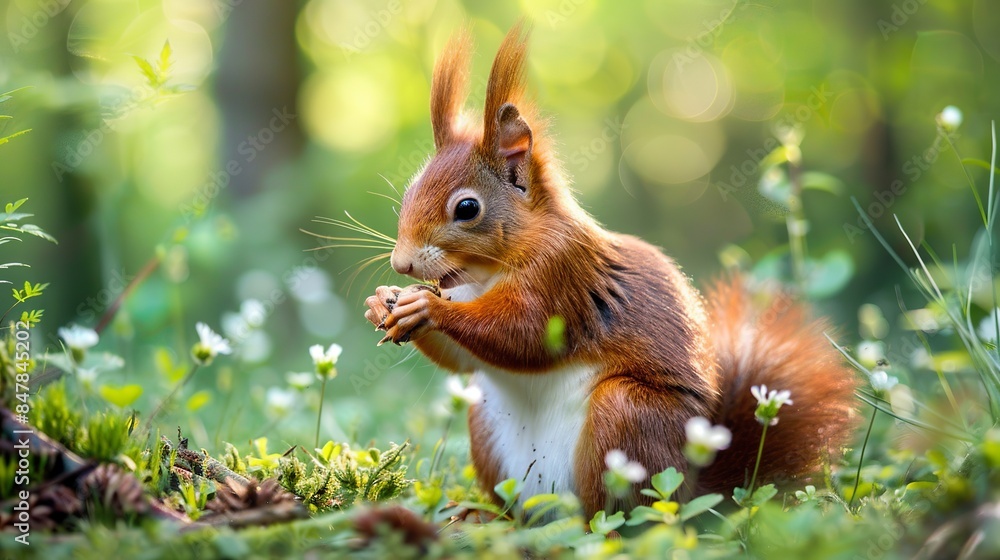 Red Squirrel Eating Nut in Spring Forest - Wildlife with Fluffy Tail in Natural Habitat Red Squirrel Eating Nut in Spring Forest - Wildlife with Fluffy Tail in Natural Habitat