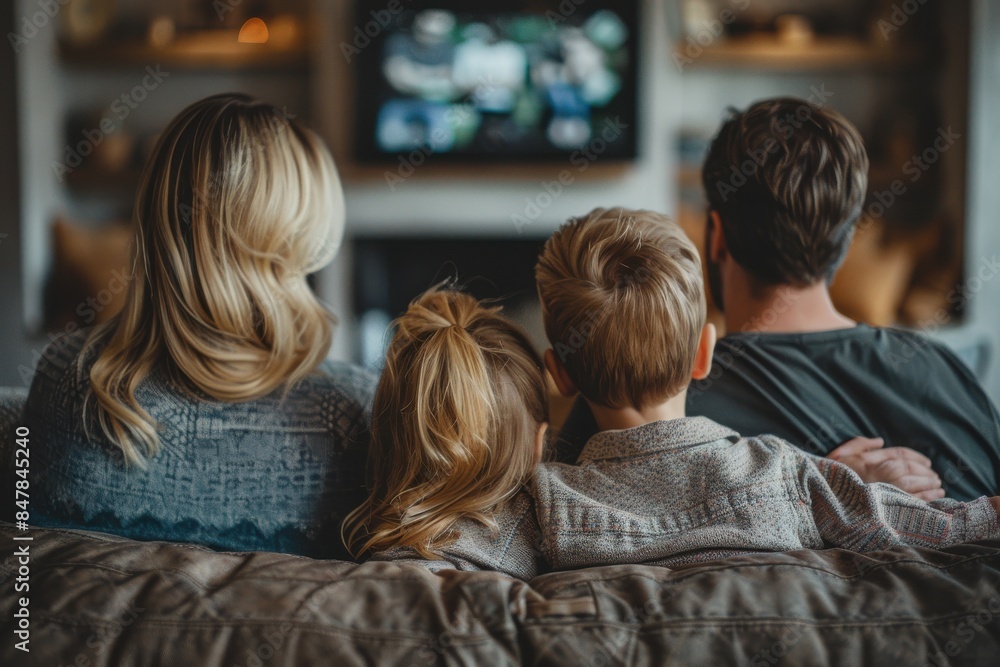 Family sits on a couch and watching sports on television Family sits on a couch and watching sports on television