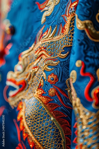 Close-up of intricate dragon embroidery on a vibrant blue fabric, showcasing detailed design and rich colors in traditional art.