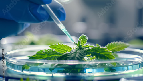 A laboratory research setting featuring cannabis plants and a gloved hand working with a pipette. Perfect for science, biotechnology, and cannabisrelated themes photo