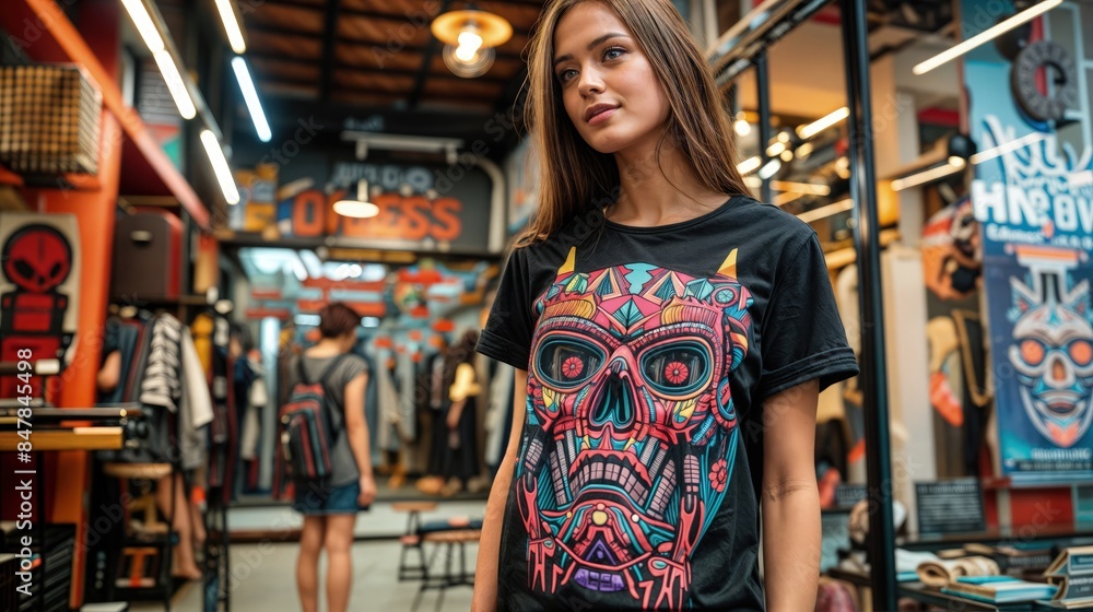 A woman stands in a retail store, showcasing a black t-shirt with a large, colorful design featuring a robot-like skull A woman stands in a retail store, showcasing a black t-shirt with a large, colorful design featuring a robot-like skull