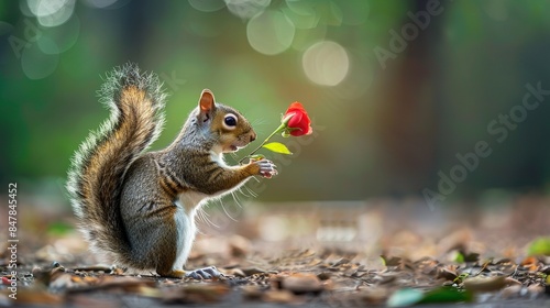 Squirrel presenting a floral gift to its mate in a delightful Valentine's Day scene, celebrating love and wildlife joyously © Nazia