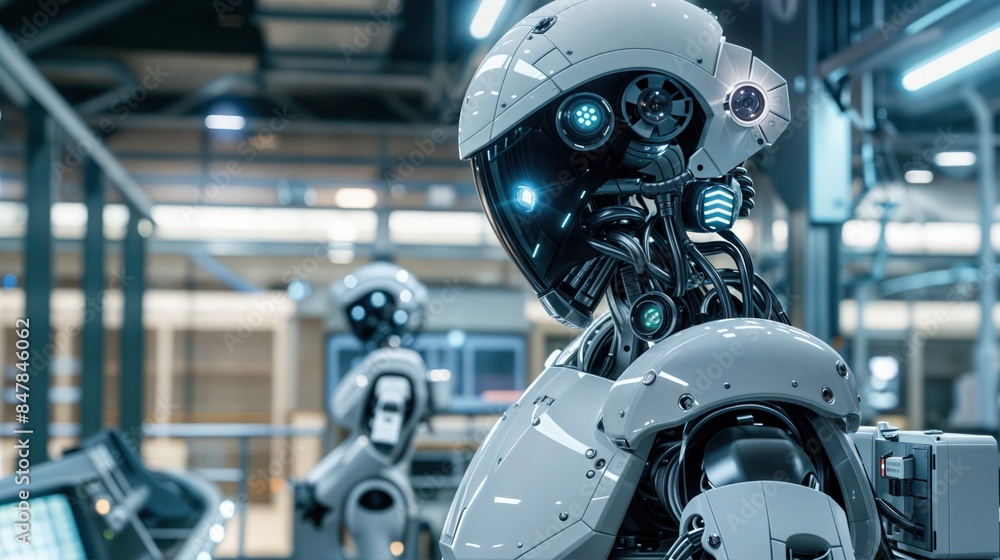 A close-up photograph of a futuristic robot, showcasing its intricate design and metallic body. The robot stands in a modern factory setting, with other robots blurred in the background A close-up photograph of a futuristic robot, showcasing its intricate design and metallic body. The robot stands in a modern factory setting, with other robots blurred in the background