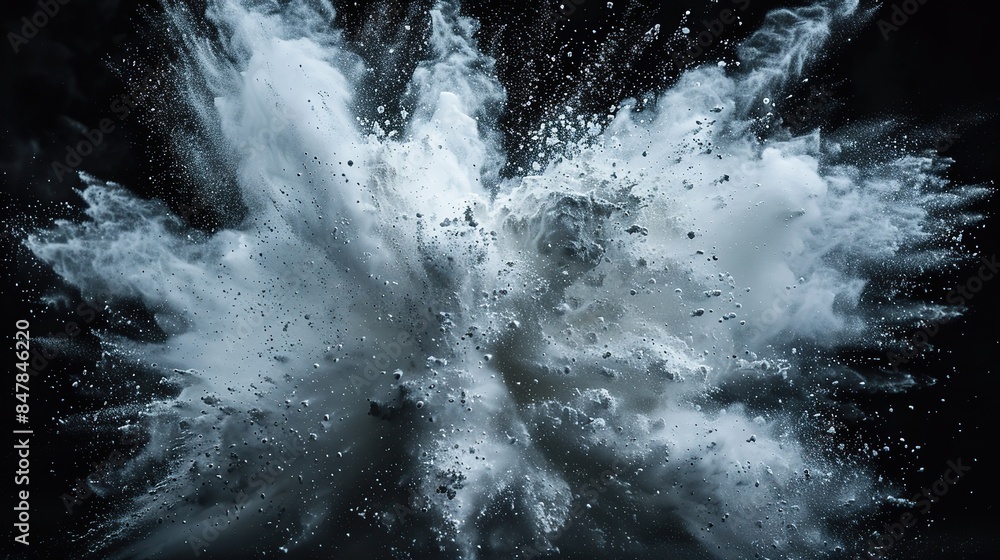 White powder explosion isolated on black background. Flour particles splash. Color Holi festival. Close-Up white powder splashing. Abstract snow cloud fly. Pile scattered. Dust explode. Freeze motion White powder explosion isolated on black background. Flour particles splash. Color Holi festival. Close-Up white powder splashing. Abstract snow cloud fly. Pile scattered. Dust explode. Freeze motion