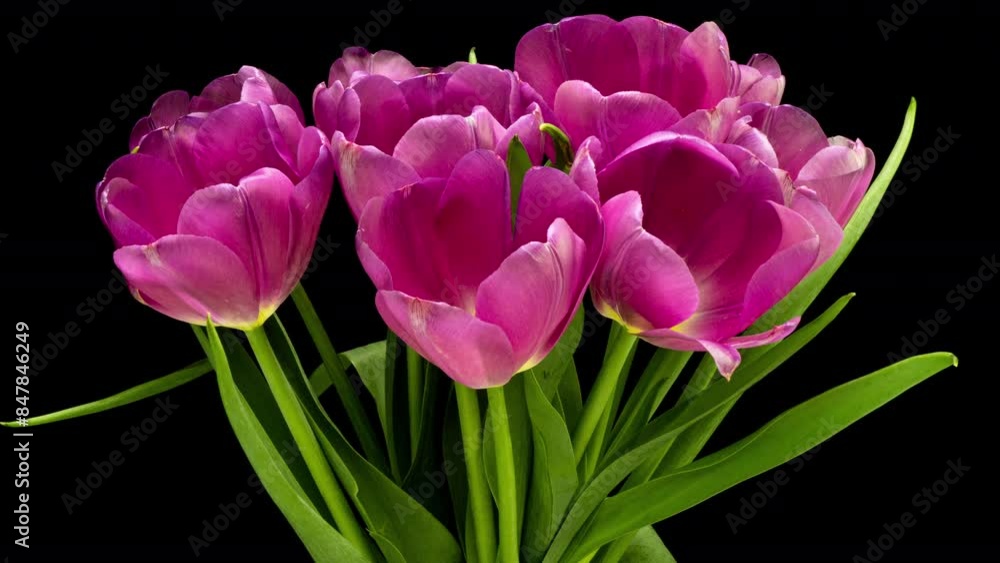 BeautifulTulip Flower background. Blooming roses flower open, time lapse, close-up. Wedding backdrop, Valentine's Day concept. Bouquet on black backdrop, closeup. BeautifulTulip Flower background. Blooming roses flower open, time lapse, close-up. Wedding backdrop, Valentine's Day concept. Bouquet on black backdrop, closeup.