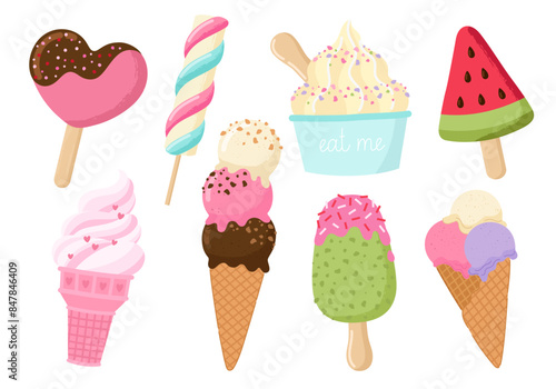Set of tasty ice cream stickers. Yummy street food, confectionery snacks. Ice cream with different flavors, a collection of isolated ice cream cones, popsicles and fruit ice with different fillings.
