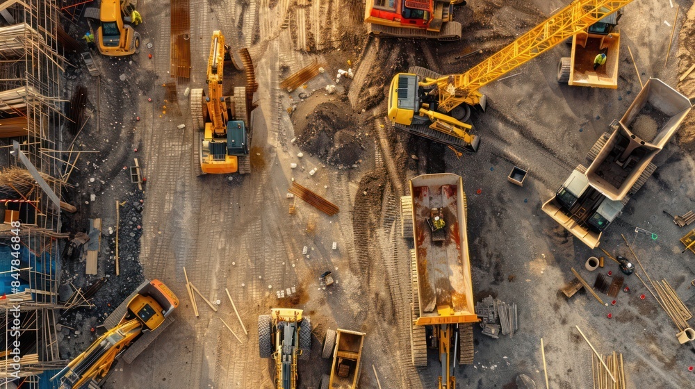 Fototapeta premium overhead view of a construction site with a variety of heavy machinery, including cranes, bulldozers, and backhoes