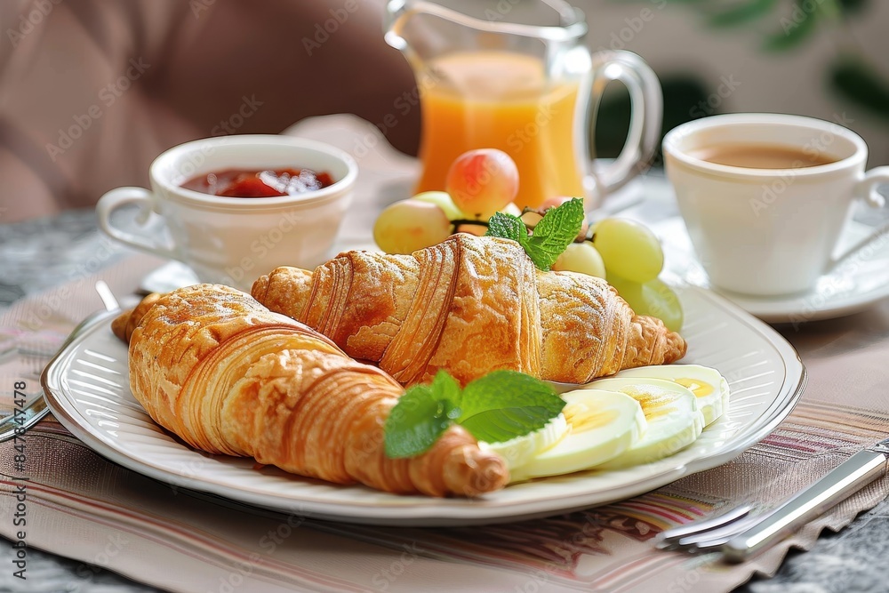 Fresh croissants accompanied by boiled eggs, orange juice, and coffee for a delightful breakfast Fresh croissants accompanied by boiled eggs, orange juice, and coffee for a delightful breakfast