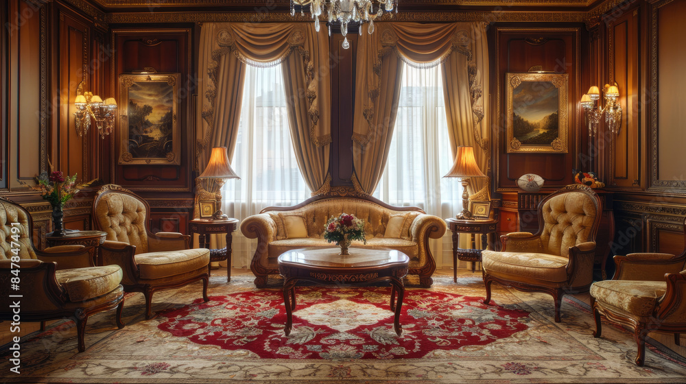 Fototapeta premium Interior room fitted with a carpet, cozy atmosphere, elegant furniture