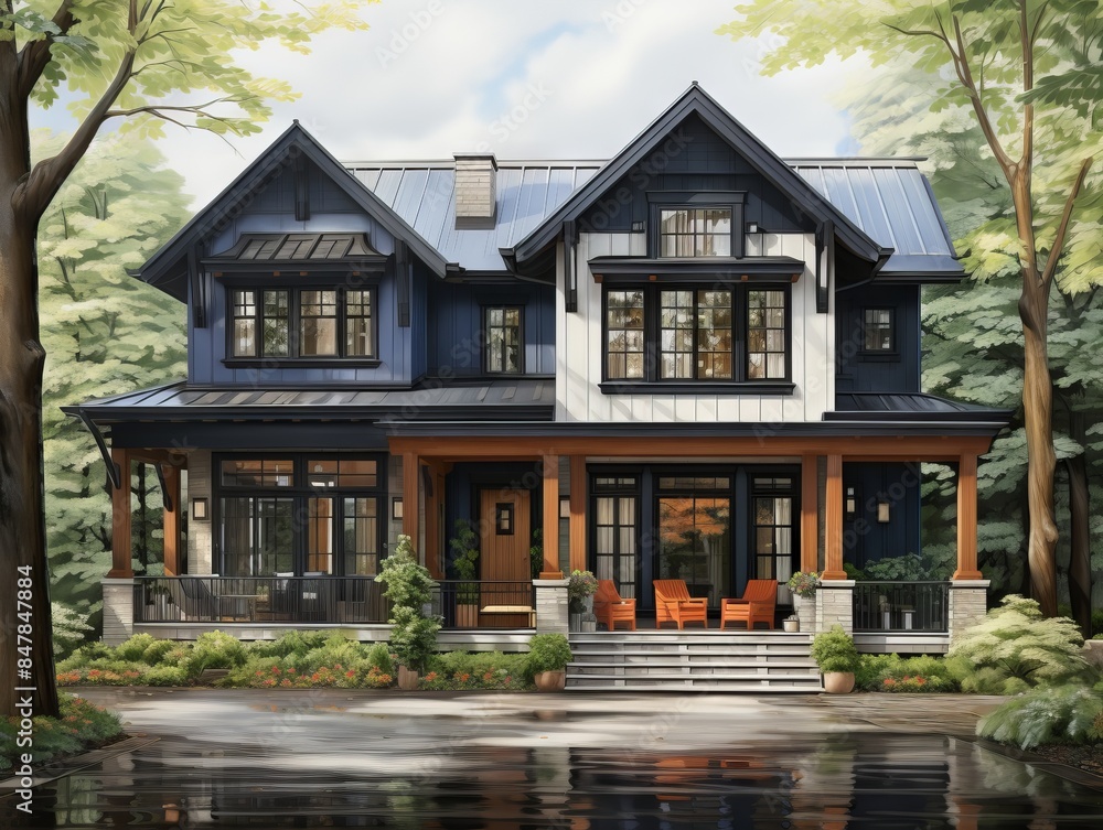 Dark black modern house with large windows and a surrounding forest. Dark black modern house with large windows and a surrounding forest.
