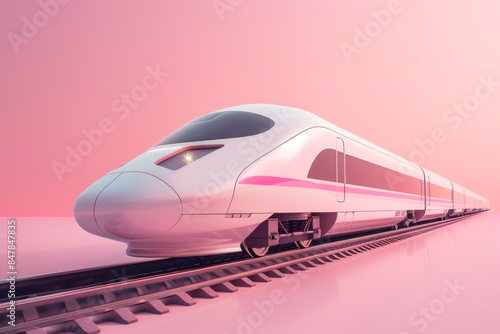 3D illustration of a modern train running on the tracks with soft pink background