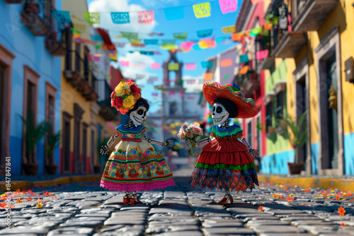 3D illustration of Two mexican catrina skeletons dressed in traditional colorful clothing holding flowers on a mexican street