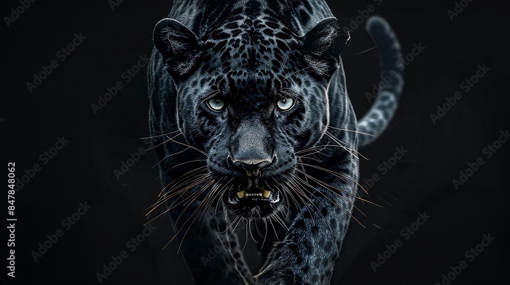 Obraz premium Front View of Panther on Black Background, Wild Animals Banner with Copy Space