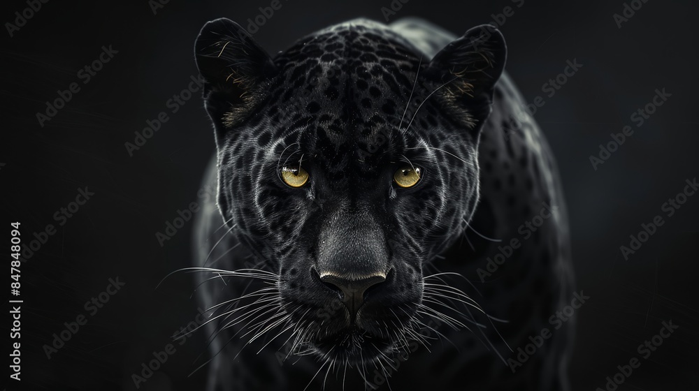 Front View of Panther on Black Background, Wild Animals Banner with Copy Space Front View of Panther on Black Background, Wild Animals Banner with Copy Space