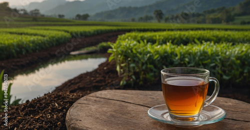 Wallpaper Mural a cup of hot tea on a wooden floor with a view of a tea plantation Torontodigital.ca