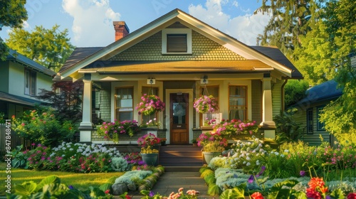 charming bungalow with a front porch, flower garden, and traditional design © Aeman