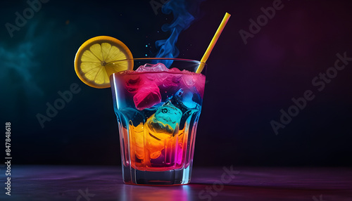 Rave party drink with glass of cocktail in hypnotic neon light. Generative AI