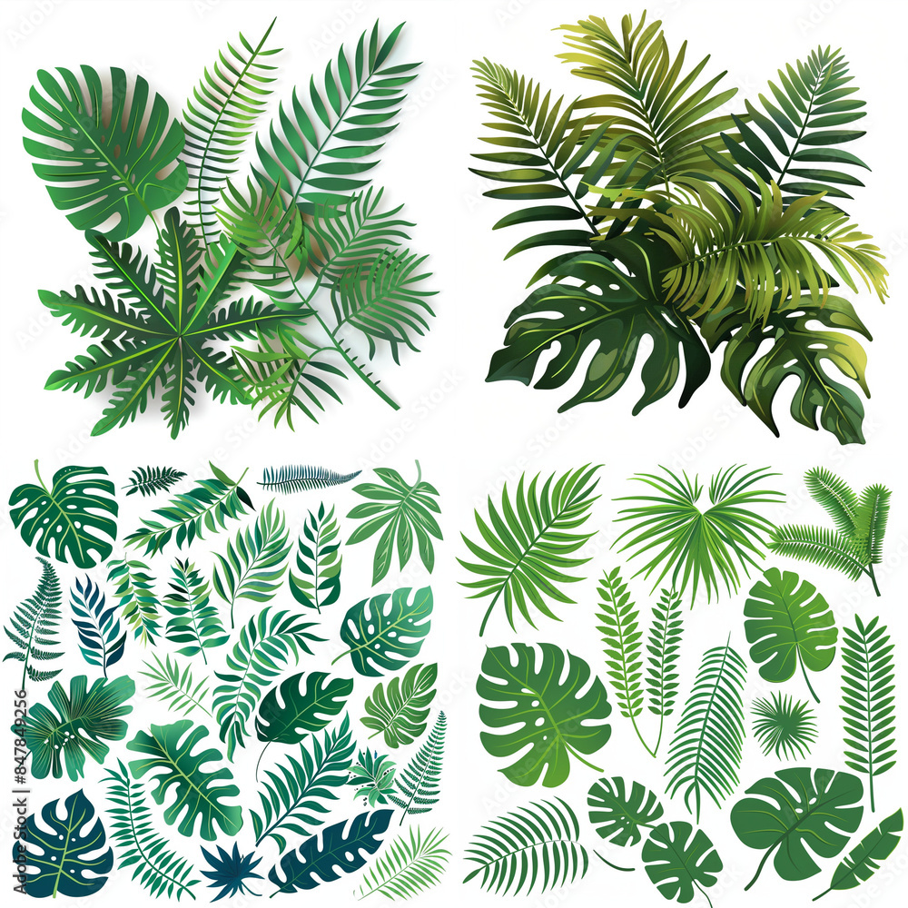 Collection of green foliage, botanical illustration, hand-painted, varying in shade from sage to emerald, bringing depth and contrast. The leaves range from elongated, pointed shapes to rounder Collection of green foliage, botanical illustration, hand-painted, varying in shade from sage to emerald, bringing depth and contrast. The leaves range from elongated, pointed shapes to rounder