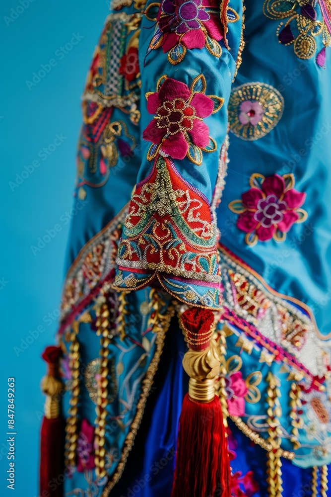 Close-up of vibrant, intricately designed traditional garment with colorful embroidery and decorative tassels against a blue background.