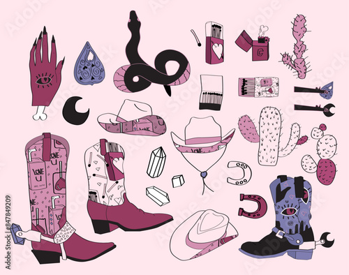 pink dark boho glamour cowgirl boots, hats and planner stickers elements collection.