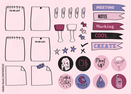 Cute girly planner stickers and black notes paper for daily and weekly planning and journaling.